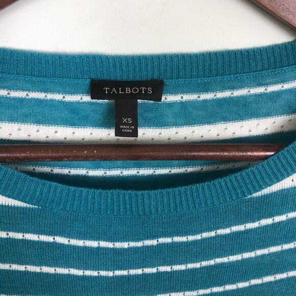 Talbots Teal White Linen Blend Knit 3/4 Sleeve Striped Sweater Women's Size XS - Picture 3 of 4